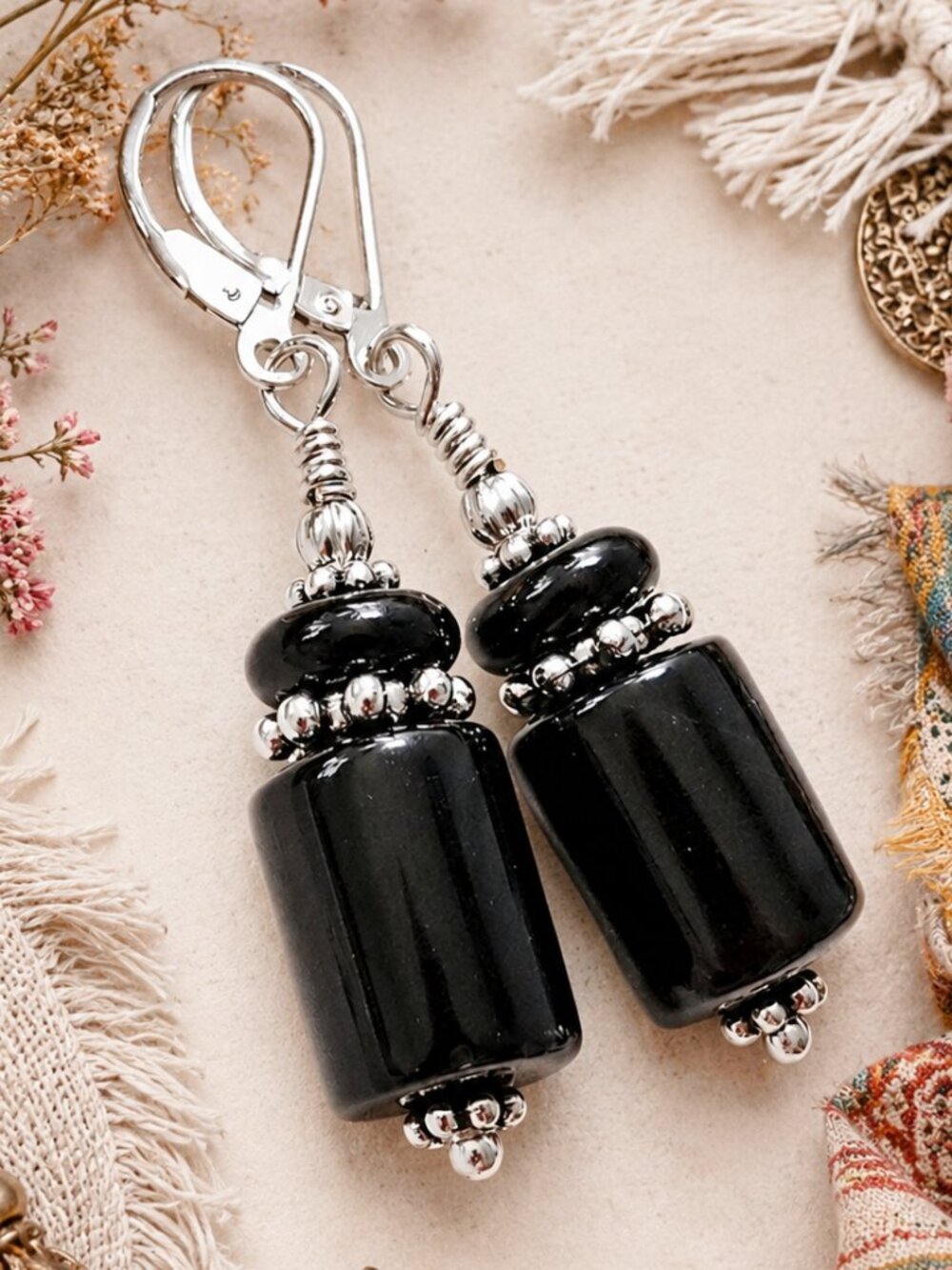 Black Onyx Drop Earrings, 925 Sterling Silver, Artisan Handmade Real Stone